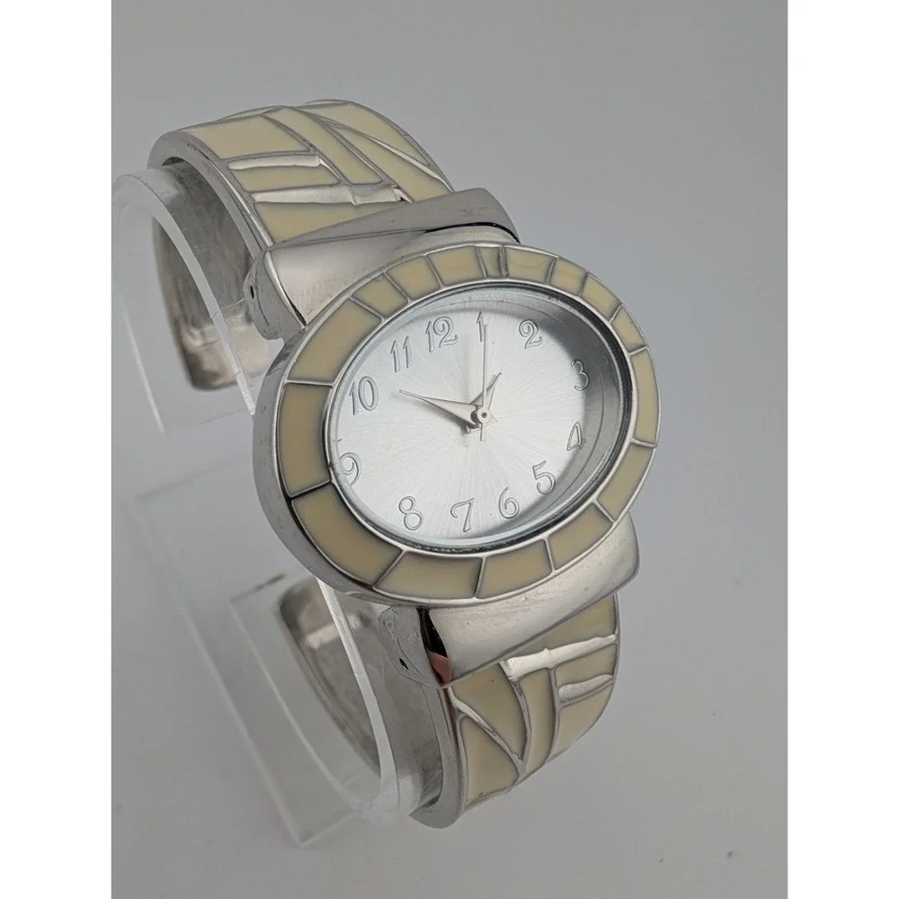 Women's Quartz Watch 33mm Case White Enamel Inlay Hinge Bangel Band- New Battery